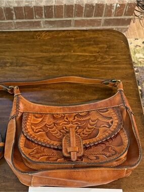 Patricia Nash Camille Tooled Leather Crossbody Bag in Cognac Brown